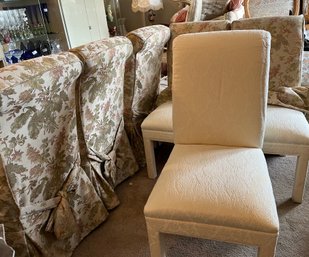 6 Ivory/White Damask Dining Chairs With Custom Floral Slipcovers - D