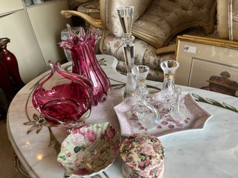 Mixed Lot - Includes 2 Fuchsia Pink Vases, 2 Glass Vases, 12 Inch Crystal Candlestick  2 Glass Swans - 2D13