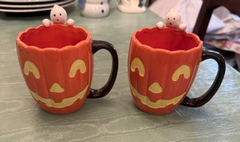 #482 Lot Of 2 Pumpkin Halloween Mugs