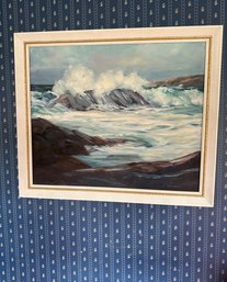 #487 Waves Hitting Rocks Painting Magnhild Signed