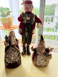 Tall Christmas Elf And Pair Of Ceramic Holiday Figures That Hold Candles - 2D20