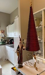 5 Foot Tall Cranberry Red Velour Holiday Tree With Gold Stand And Coordinating Santa- 2D31