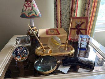Desk Lot Includes Stationary, Pen Set And Paperweights  And Sm Lamp - 2Den11