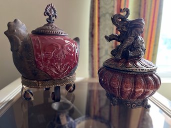 Two Unique Table Top Containers With Rooster Or Elephant Adornmemts - 2Den14