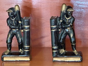 Pair Of Black & Gold Baseball Player Bookends Stamped Japan - BL145