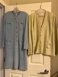 Sakes Fifth Avenue Green Sweater & Slate Blue Knit Dress- BB4