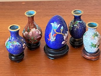 Vintage Miniature Chinese Cloisonne 4 Vases And Egg - LV 21