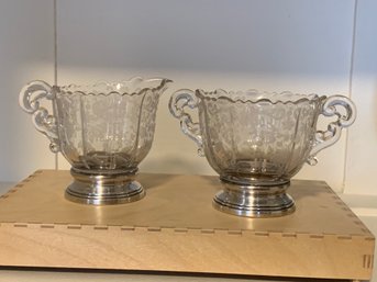 Sheffield Silver Co. Sterling & Engraved Crystal Creamer & Sugar Set