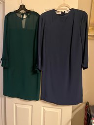 Navy Blue Saks Fifth Avenue Dress With Emerald Green Sheer Sleeves & Top Dress - BB11
