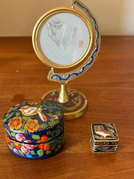 Framed Chinese Silk Cloisonne And  2 Trinket Boxes -LR31