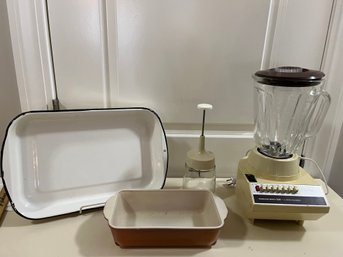 Vintage Kitchen 4 Pc Lot: Fire King Bread Pan, Enamel Roaster And A Hamilton Beach Blender  - K17