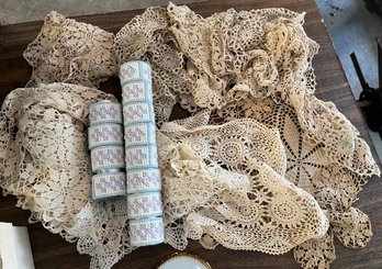 12 Hand Stitched Crocheted Dollies, Table Runners, Etc. With 12 Hand Stitched Napkin Rings - B5