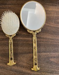 Vintage Vanity Hand Held Mirror With Matching Brush - B6