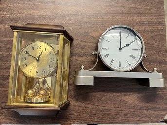 Bulova Brass & Wood Clock And Chaney Brushed Silver Tone Clock - B11