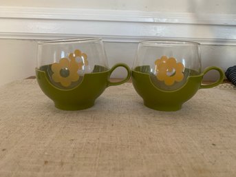 Vintage PYREX (2) Roly Poly Glasses W/green Plastic Holders