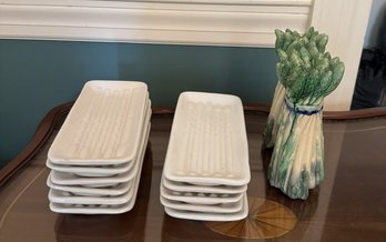 #102 Lot Of Asparagus Plates & Candle Holders