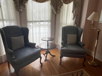 Pair Of Blue Wing Back Chairs By Pembroke Chair Co, North Carolina (Table Sold Separately) - LV1