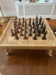 Carved Wood Chess Set / Backgammon Set On Stand With Exceptional Details  - LV3