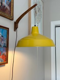 Mid Century Yellow Enamel Pull Chain Hanging Lamp On Teak Swinging Arm - BR5