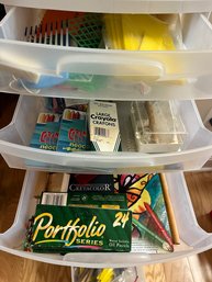 Seven Drawer Rolling Crafts Storage Unit With Portfolio Water Pastel Paints And Miscellaneous Items - QX3