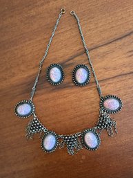 Antique Israeli Simulated Opal Necklace And Earring Set Marked 935 - B12