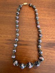 Vintage Venetian Murano Black Flowered Wedding Cake Glass Bead Necklace - B19