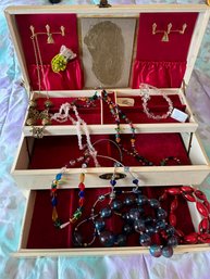 Vintage Jewelry Box Filled With Necklaces: Glass, Brass, Wood, Etc - B22