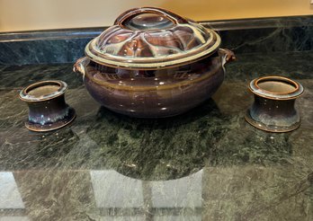 #768 Pottery Covered Bowl & Candle Holders