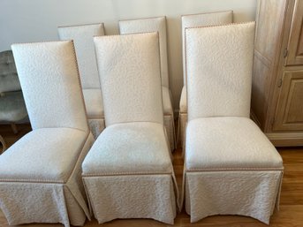 6 Matching Cream Brocade Parsons Chairs With Wood Trim - D02