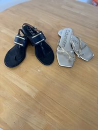 #96 Lot Of 2 Calvin Klein Size 8 Ladies Sandals Black & Gold Like New & Gold