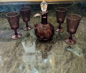 #775 Amethyst Liquor Decanter & 4 Glasses