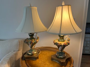 Two Matching Detailed Painted Porcelain Water Pitcher Lamps With Metal Bases - D14