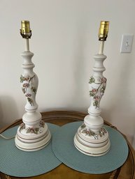 Two Matching Vintage Rose Adorned  Ceramic Lamps - D17
