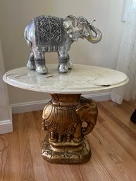 Marble Topped Elephant Plant Stand And Silver Toned Plastic Figure - K02