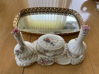 Porcelain And Flower Set And Gold Mirrored Tray - K07