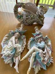 Two Signed Pastel Porcelain Wall Hangings With Cherubs And Coordinating Cornucopia Vase - K08