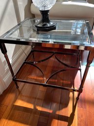 Two Matching Beveled Glass Black Tone Heavy Iron End Tables - LR6