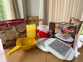 Two Keep It Hot Plates, Yellow Salad Spinner, Tupperware Strainer, Chef Basket Plus - K38