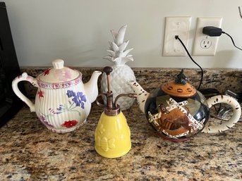 4 Piece Assorted Ceramic Lot Includes Tea Pot Hand Painted By S. Riggsbee White - K42