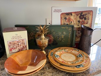 Oneida Hostess Items,  2 Quadrettini Hand Painted Bowls And 3 Plates Made In Italy Plus Antique Tray - K45
