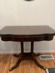 Antique Mahogany Flip Top Accent Table, 4  Pedestals, 4 Brass Feet, Custom Glass 1/2 Top - F01
