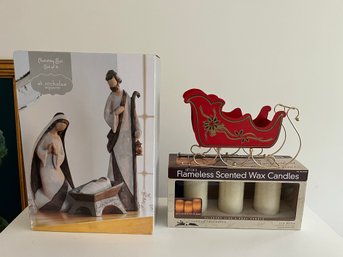 Boxed Manger Scene, Red Sleigh And Boxed Scented Flameless Candles - C06