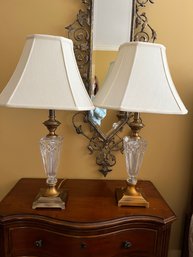 Two Waterford Crystal Lamps With Brass Base And Silk Waterford Shades - MB3