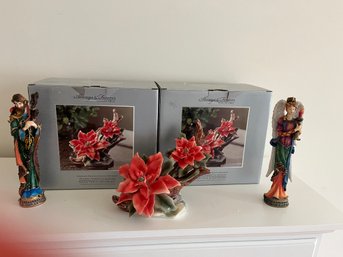 Two Boxed Pretty Ceramic Poinsettia Figurines And Two Lenox Holiday Figures - C12