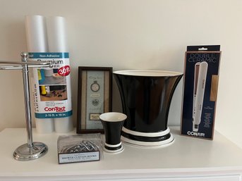 New Black And White Bath Accessories, Inspirational Frame, New Ceramic Flat Iron,shelf Liner And More - C17
