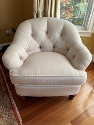 Pair Of Button Back Cream Taffeta / Silk Comfy Overstuffed Arm Chair With Mahogany Feet  -BB6