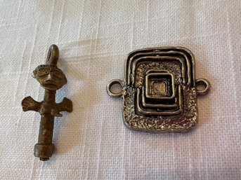 Brass Ashanti Fertility Doll Pendant & Silver Abstract Pendant - J27