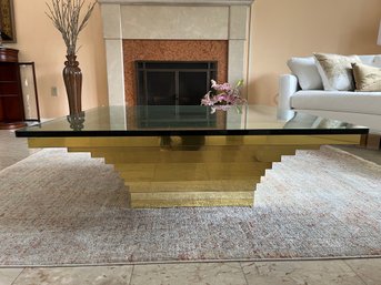 Beautiful Mid Century Modern Large Cityscape Stacked Brass And Glass Coffee Table - LV1