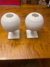 Pair Of Westmoreland Diamond Hobnail Milk Glass Ball Vases