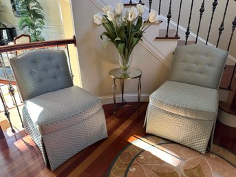 Pair Of Light Blue Silk Button Back Slipper Chairs With Taupe Dots - FY1